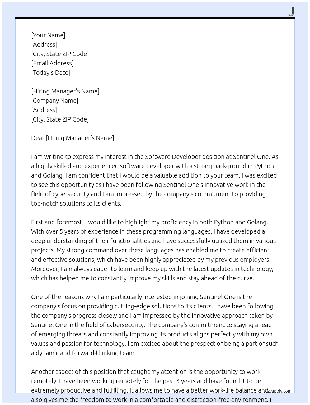 software developer  At sentinel one Cover Letter