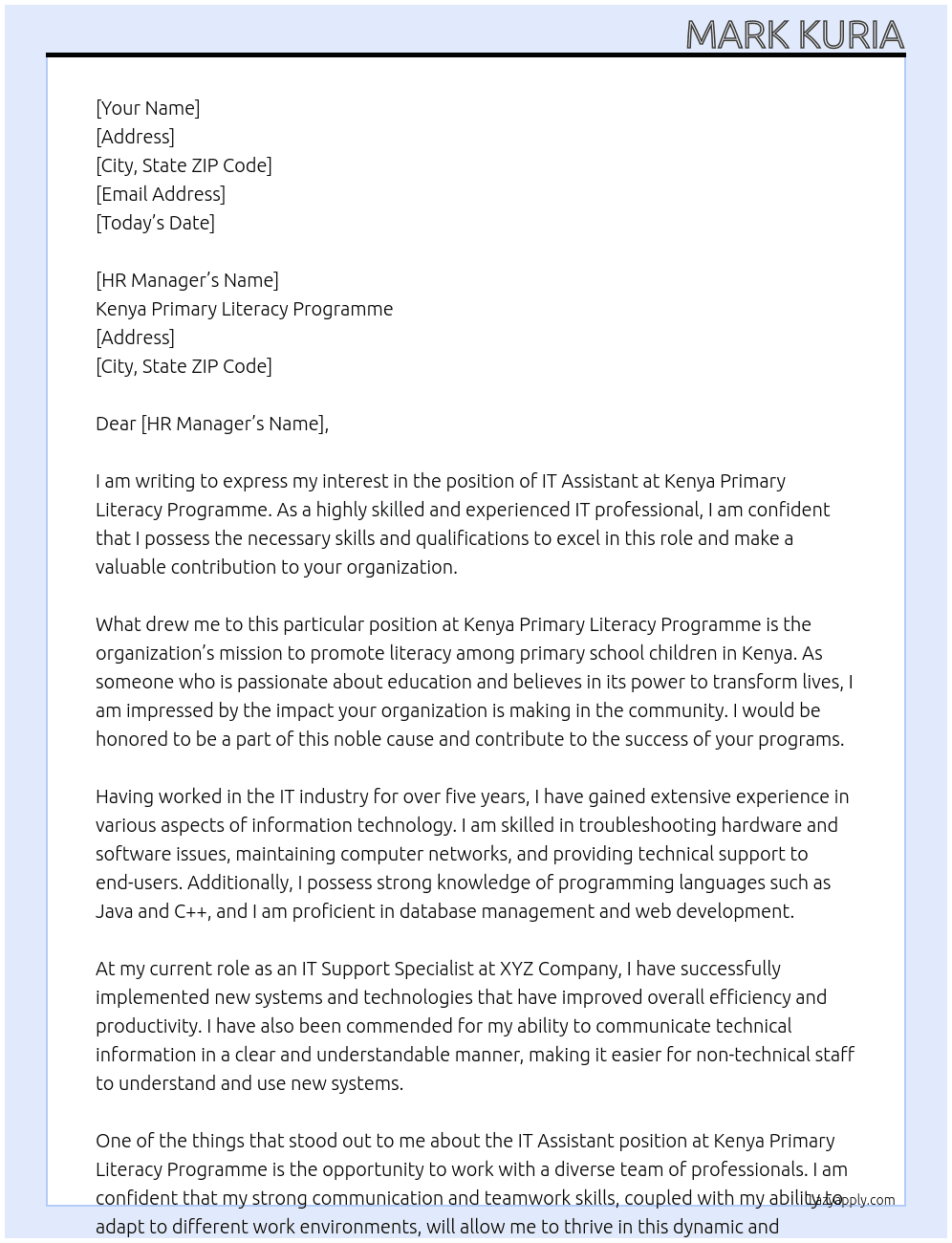 IT Assistant At Kenya Primary Literacy Programme Cover Letter