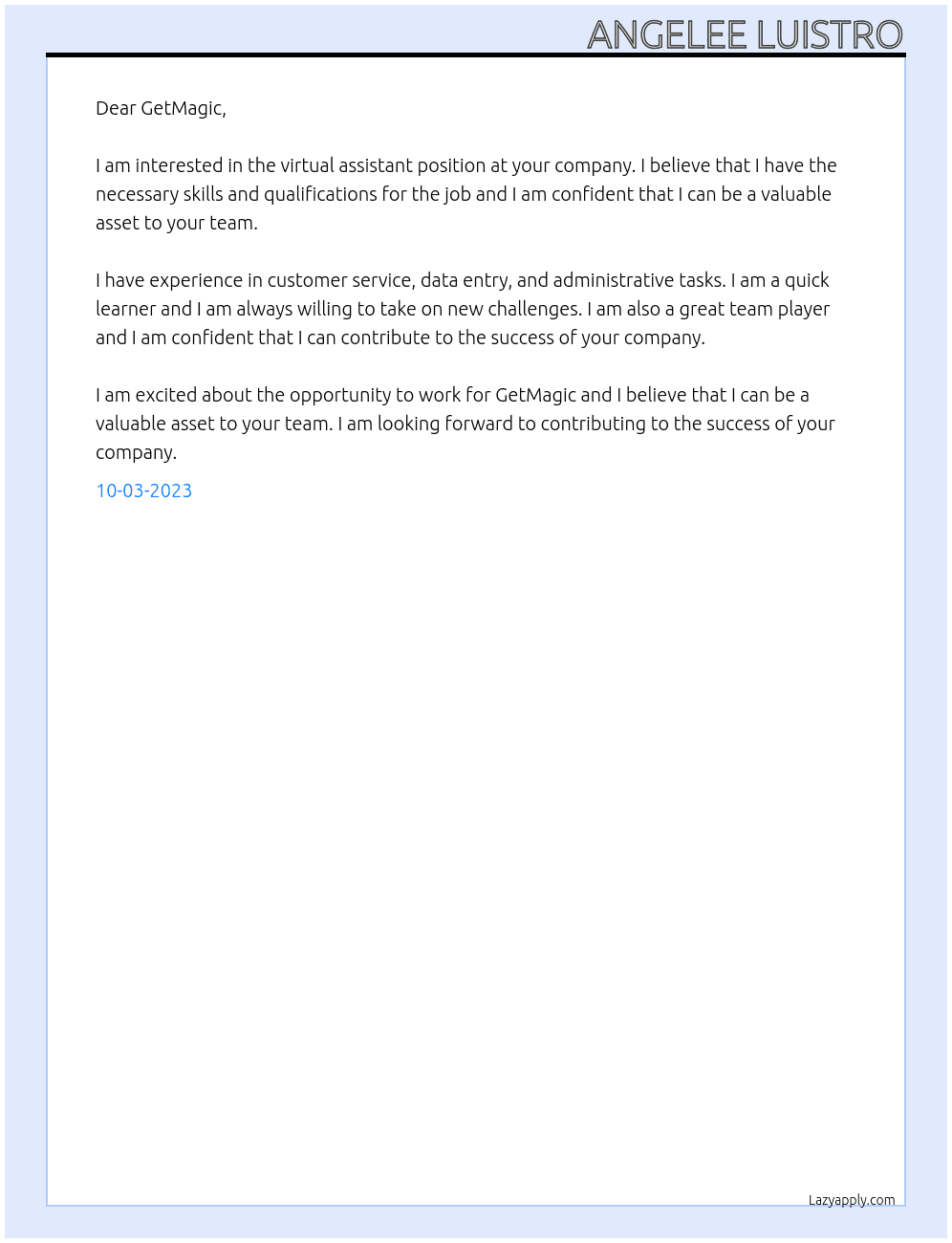 virtual assistant At GetMagic Cover Letter