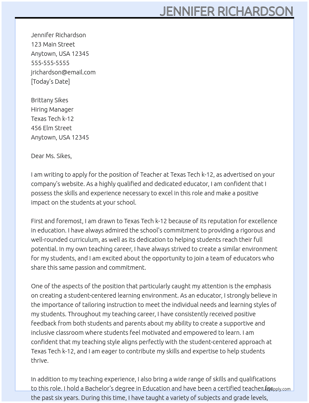 Teacher At Texas Tech k-12 Cover Letter