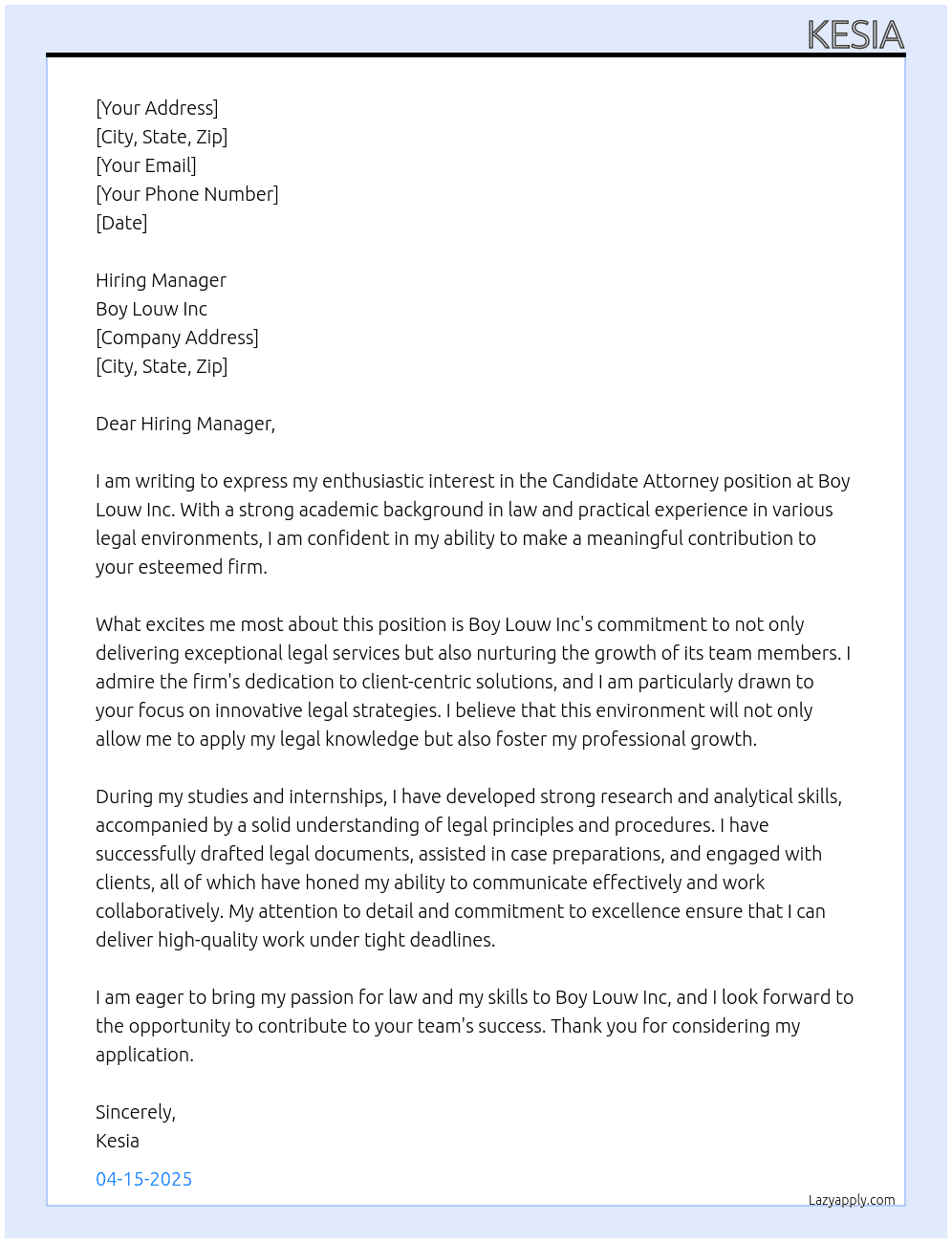 Candidate Attorney  At Boy Louw Inc  Cover Letter