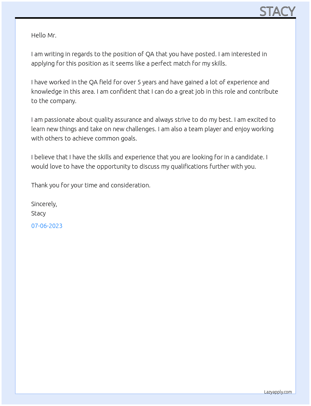 qa  At lol Cover Letter