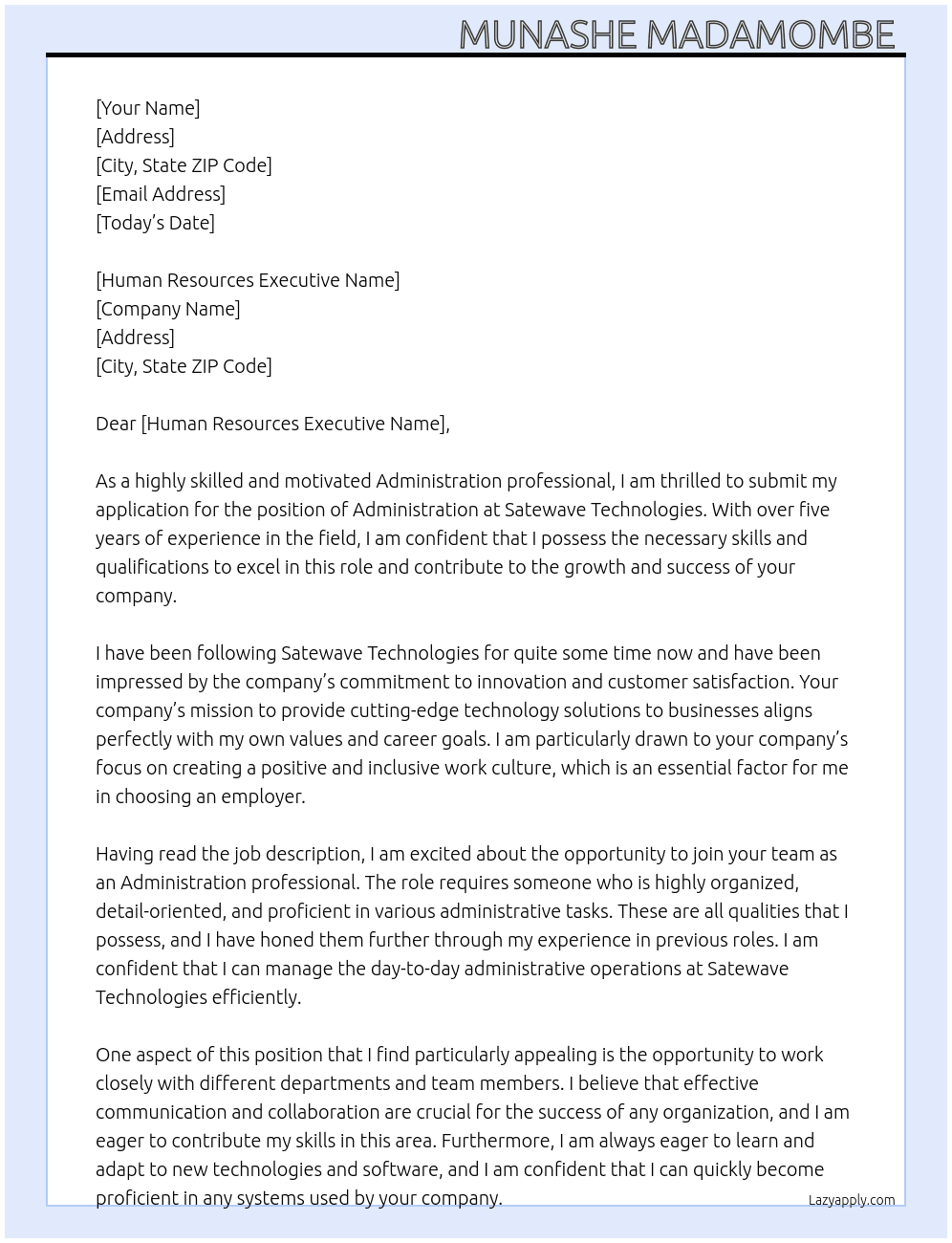 Administration  At Satewave Technologies  Cover Letter