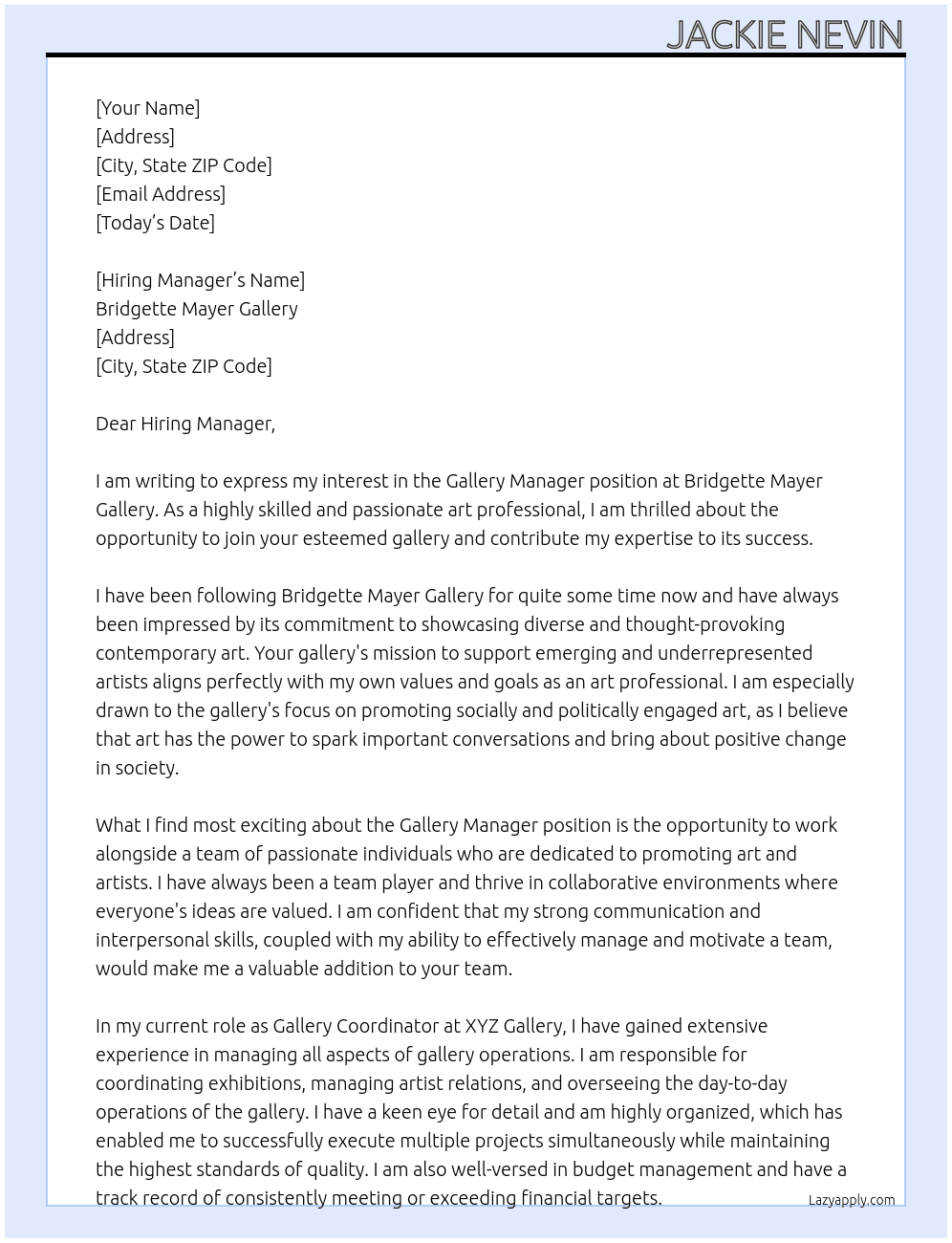 Gallery manager At Bridgette Mayer Gallery  Cover Letter