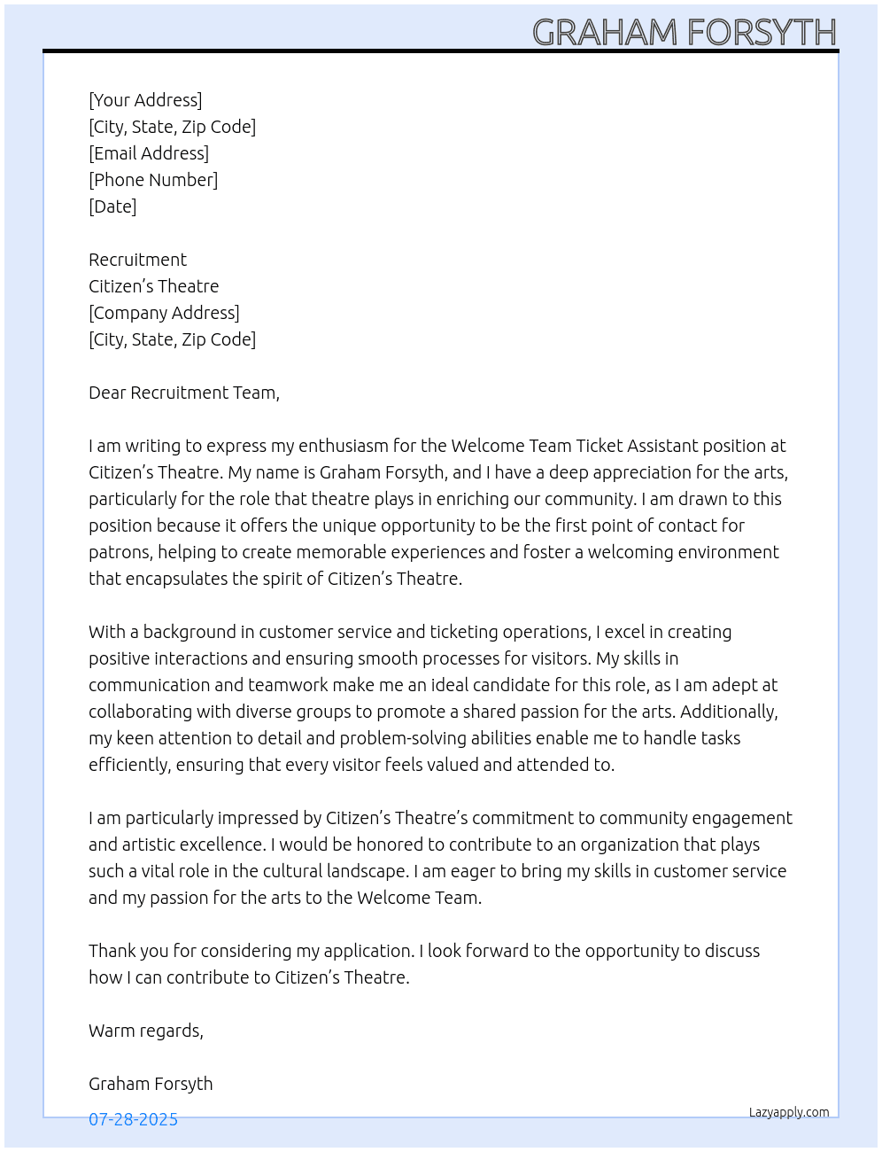Welcome Team Ticket Assistant  At Citizen’s Theatre Cover Letter