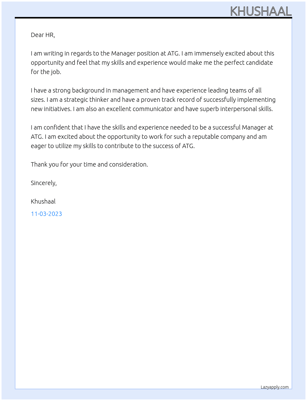 manager At ATG Cover Letter