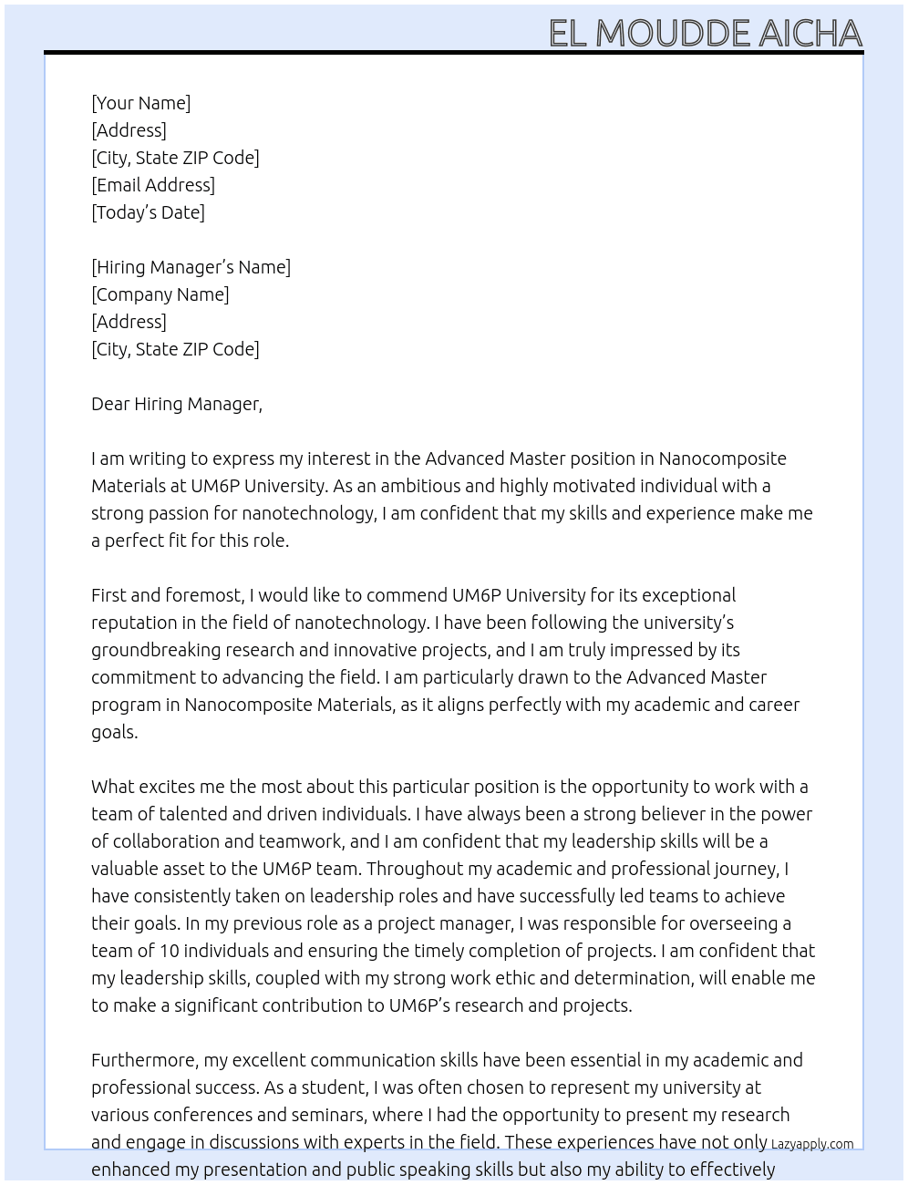 Advanced master position in nanocomposite materials At UM6P university Cover Letter
