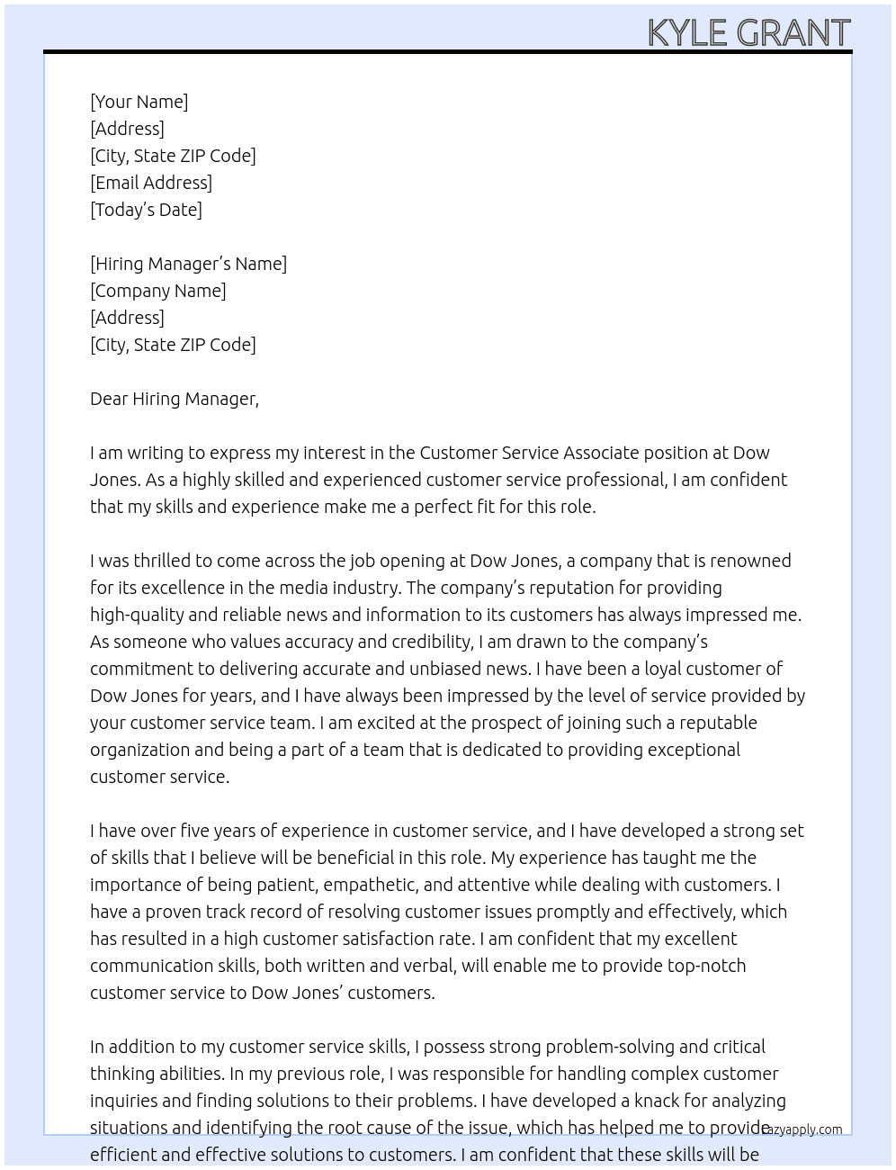 Customer Service Associate  At Dow Jones Cover Letter