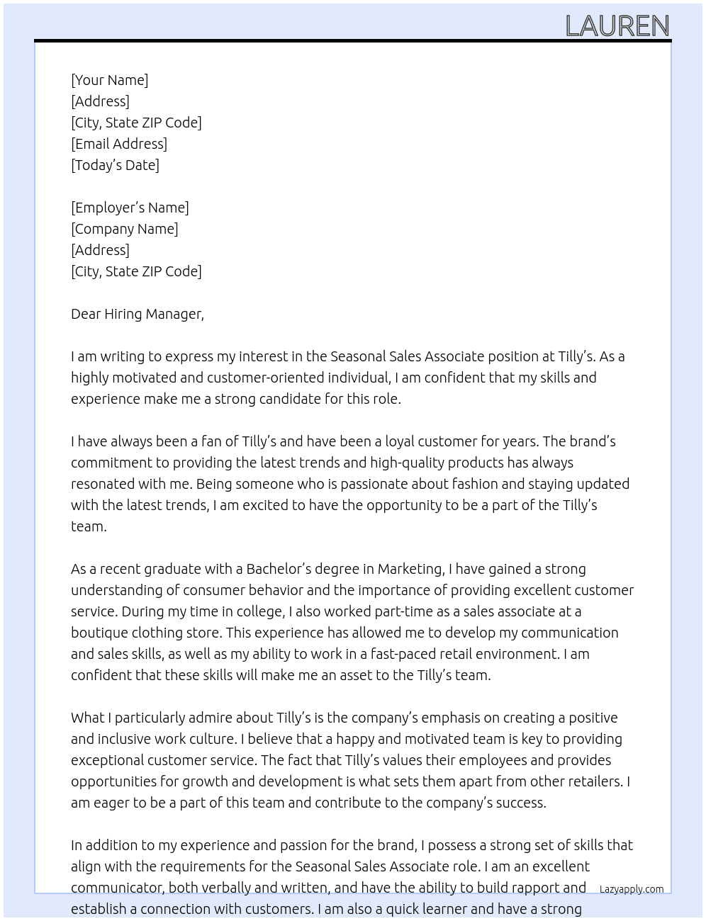 Seasonal Sales Associate At Tilly's Cover Letter