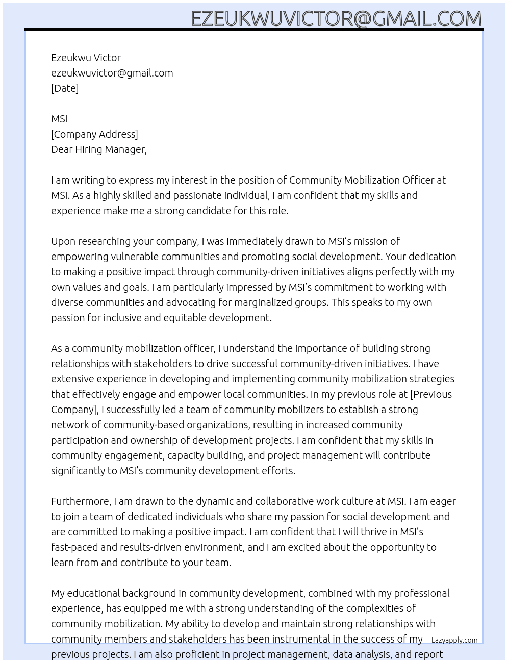 community mobilization officer At msi Cover Letter