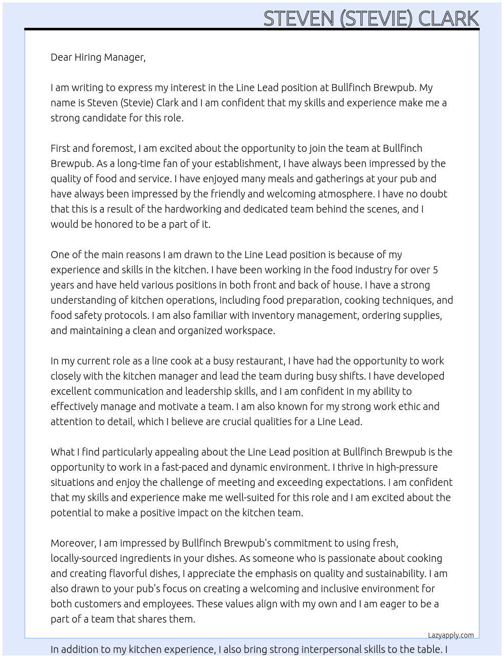 Line Lead At Bullfinch Brewpub Cover Letter