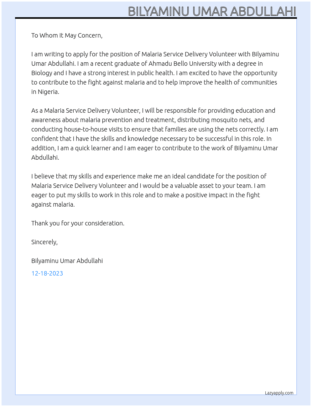 Malaria Service Delivery Volunteer  At Bilyaminu Umar Abdullahi Cover Letter