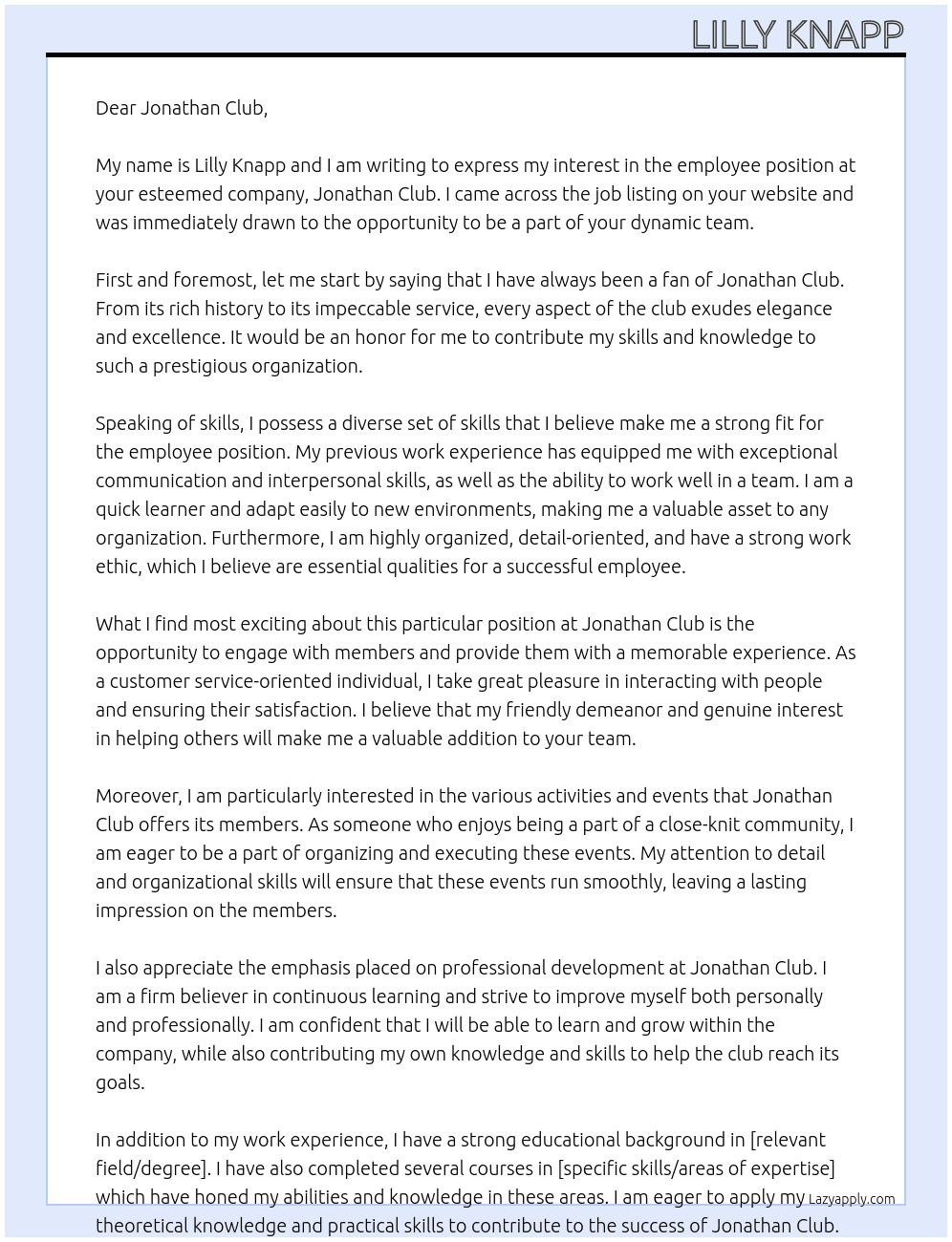 employee  At Jonathan Club Cover Letter