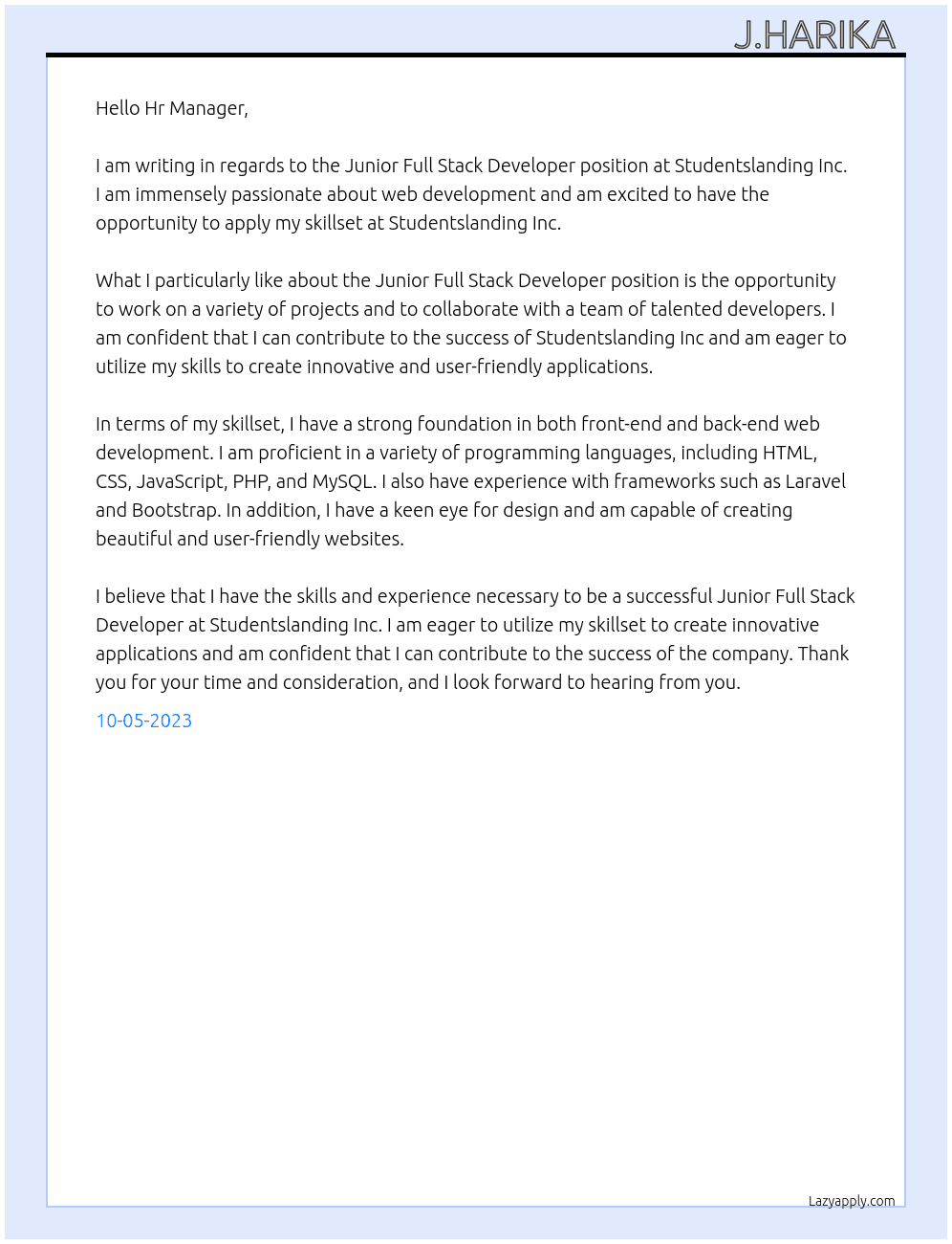 Junior Full Stack Developer  At Studentslanding Inc Cover Letter