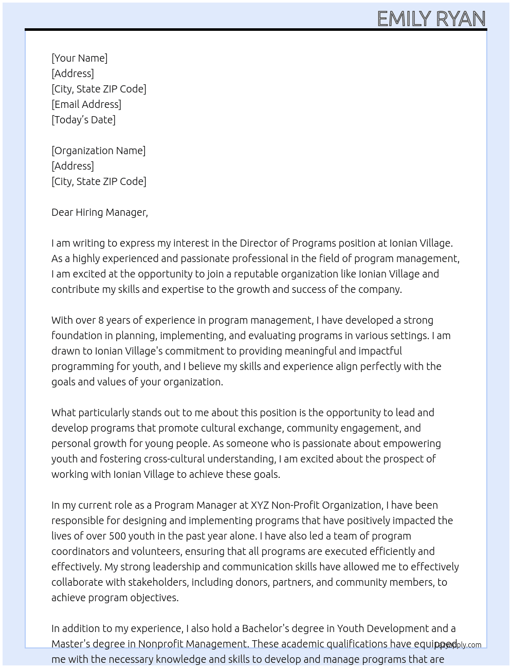 Director of programs At Ionian Village Cover Letter