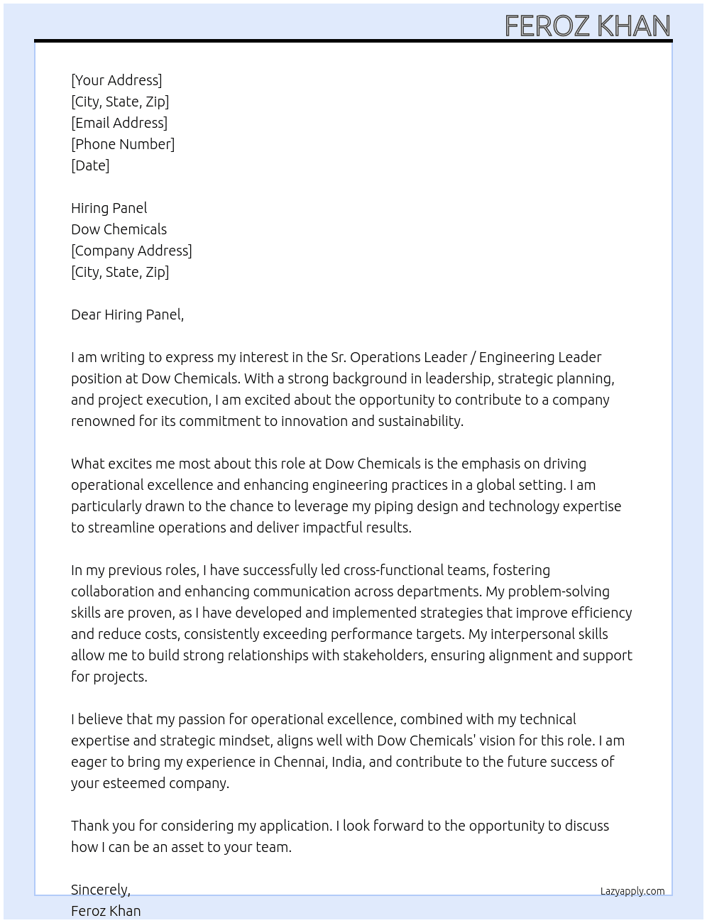 Sr. Operations Leader / Engineering Leader At Dow Chemicals Cover Letter