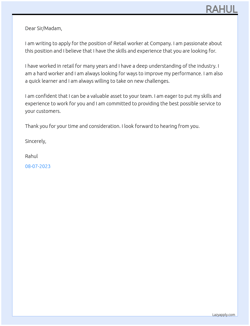 Retail worker  At Company Cover Letter