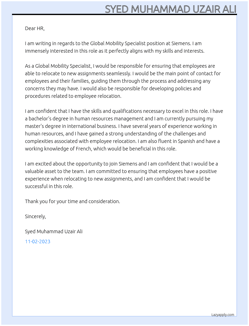 global mobility specialist At Siemens Cover Letter