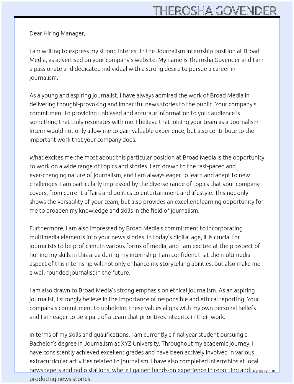 journalism internship At broad media Cover Letter