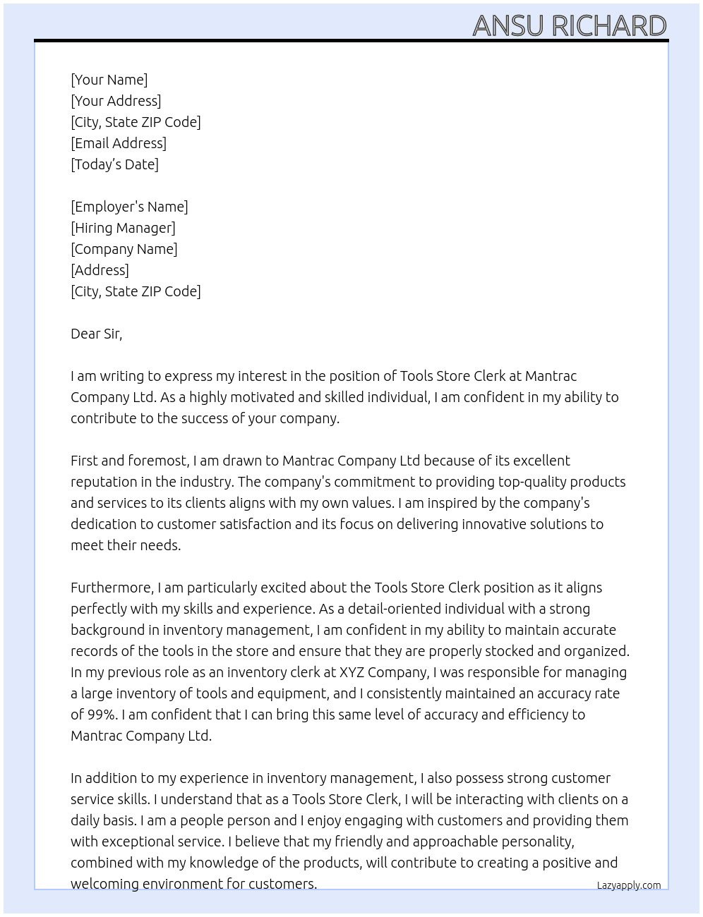 Tools Store Clerk  At Mantrac Company Ltd Cover Letter