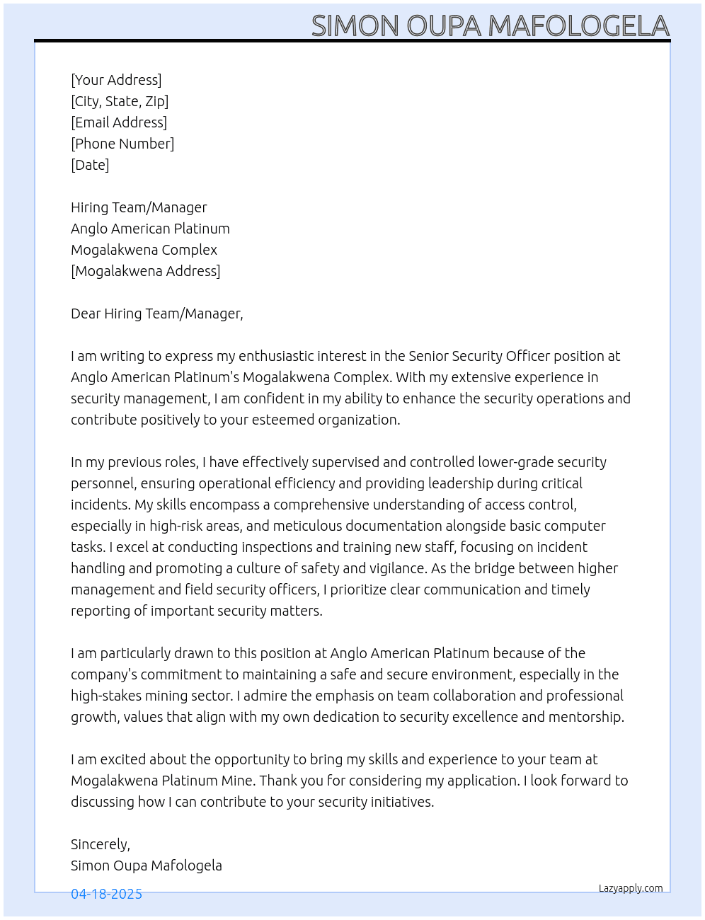 Senior Security Officer At Anglo American Platinum - Mogalakwena COMPLEX Cover Letter