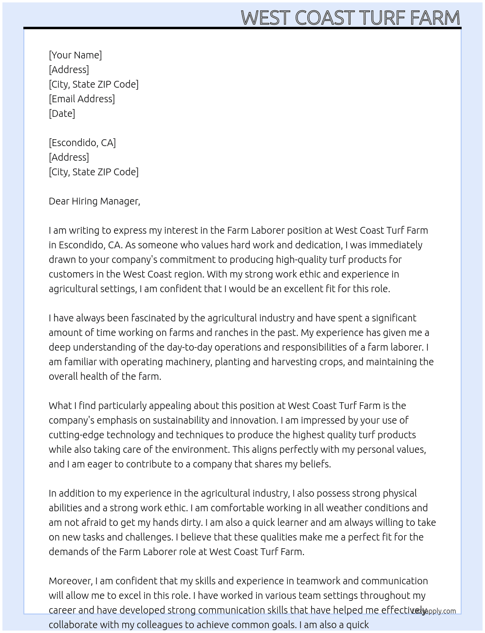 Farm Laborer At West Coast Turf Farm Cover Letter