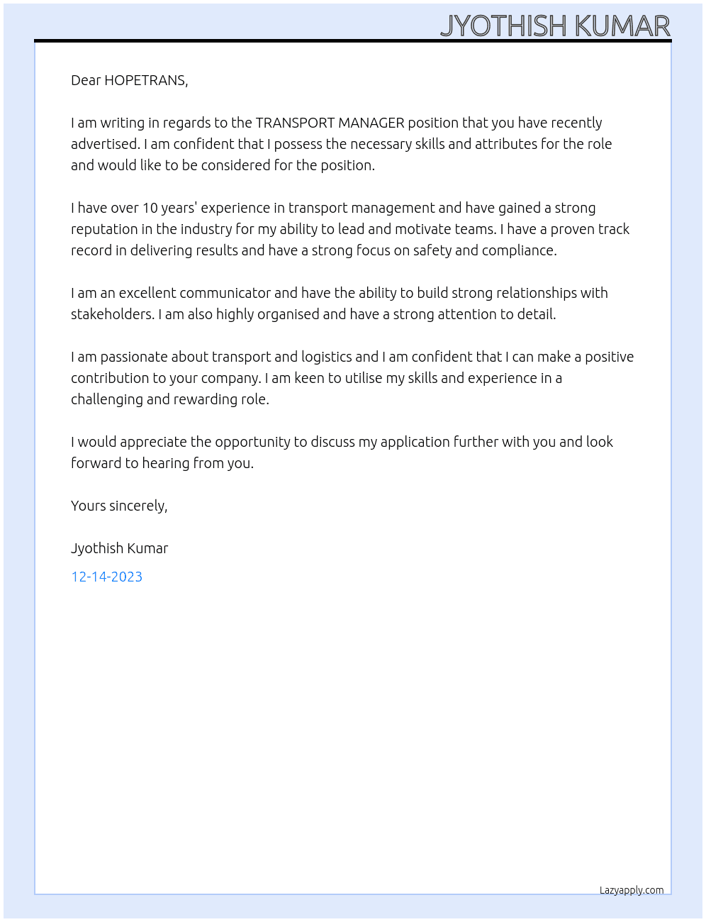 TRANSPORT MANAGER At HOPTRANS Cover Letter