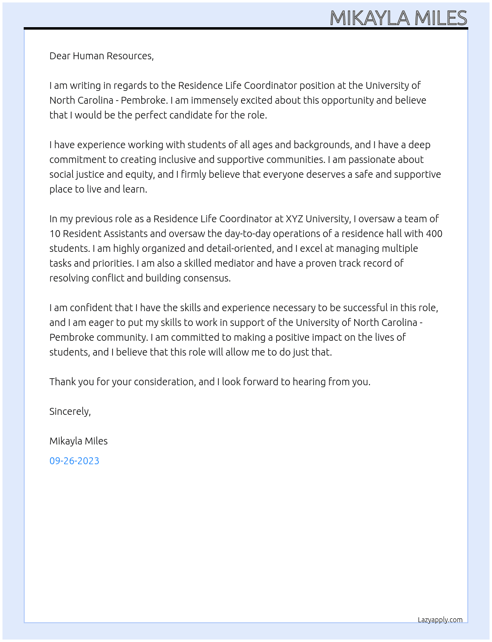 Residence Life Coordinator At University of North Carolina - Pembroke Cover Letter
