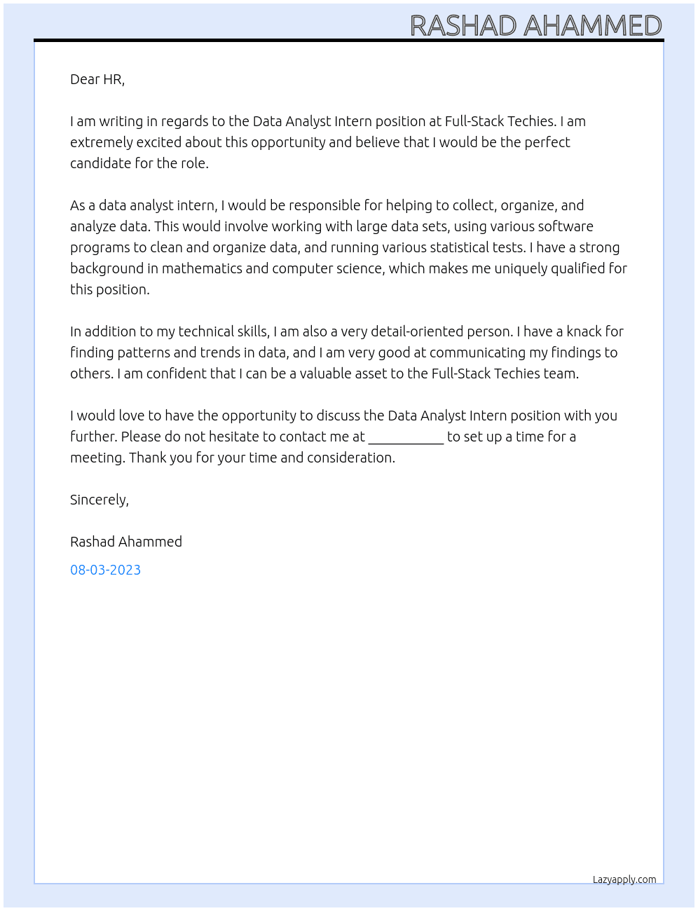 Data Analyst Intern At Full-Stack Techies Cover Letter