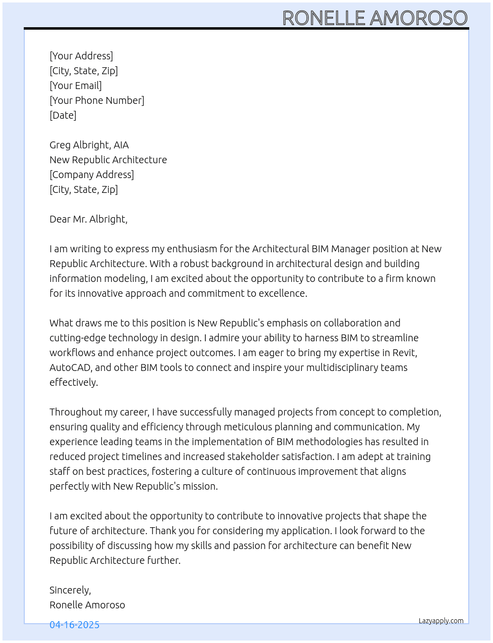 Architectural BIM Manager At New Republic Architecture Cover Letter