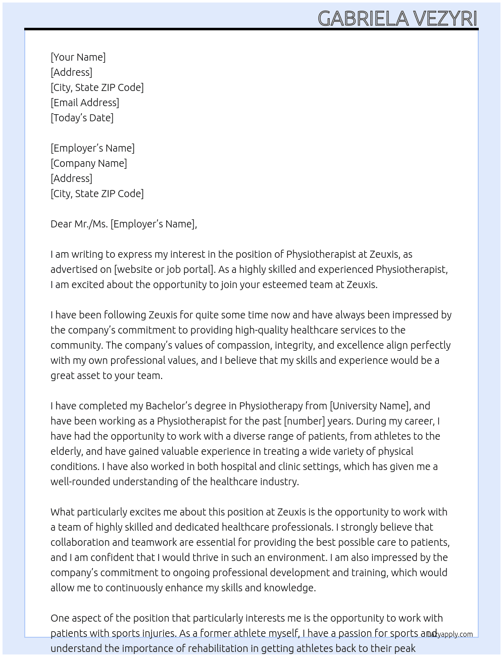 Physiotherapist  At Zeuxis Cover Letter