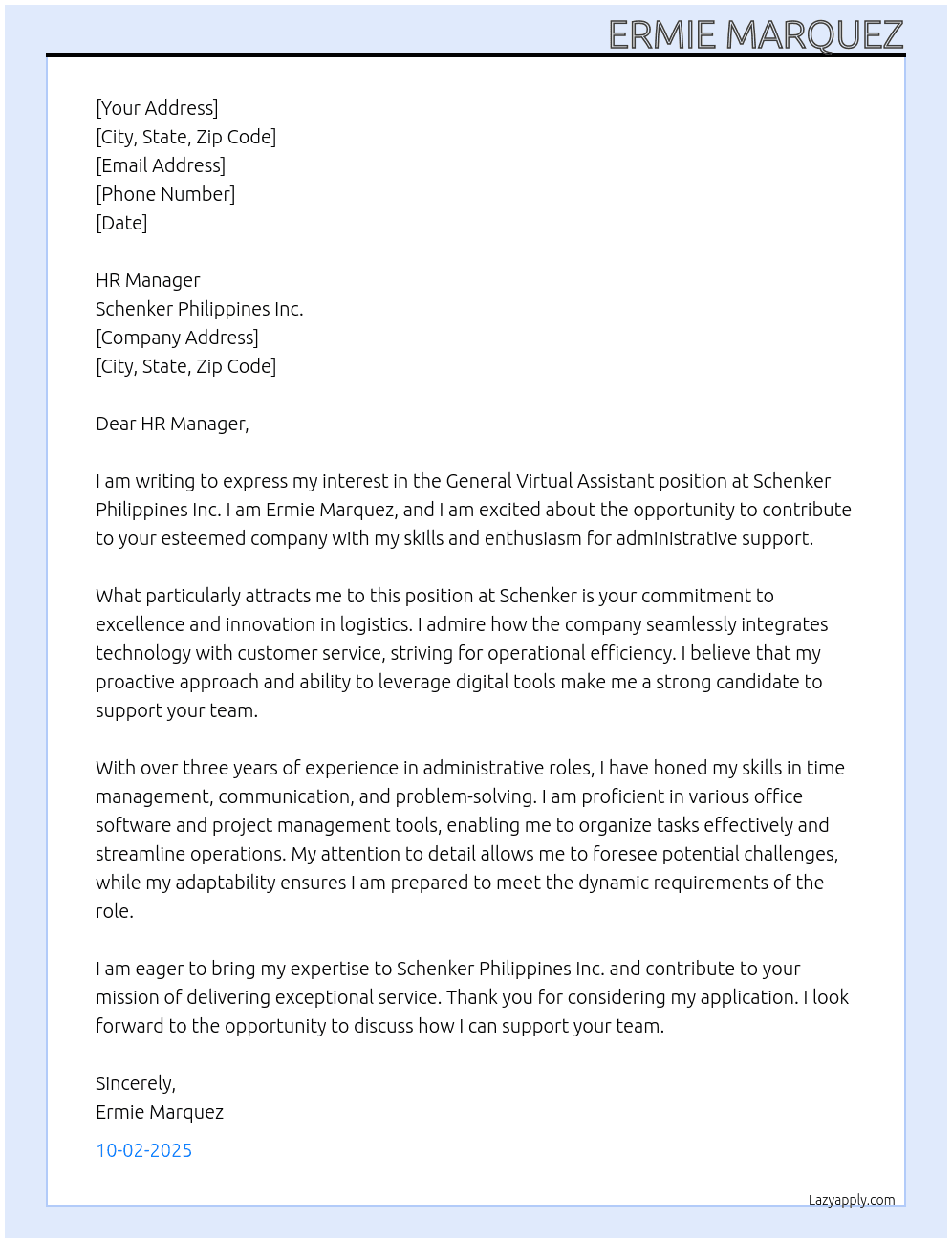 General Vistual Assistant At Schenker Philippines Inc. Cover Letter