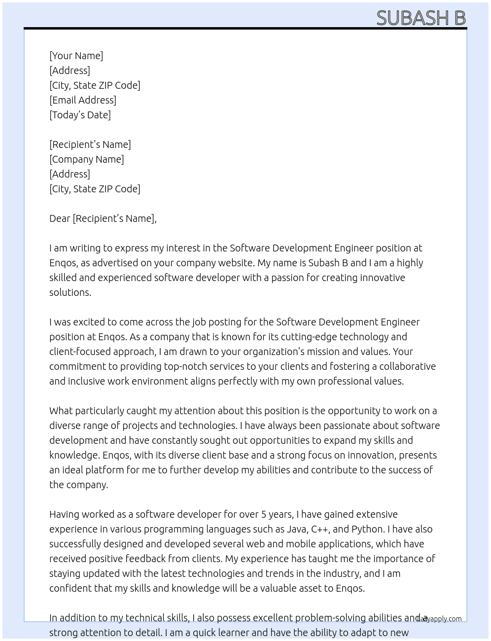 Software development engineer At Enqos Cover Letter