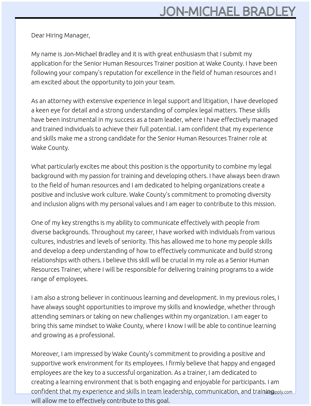 Senior Human Resources Trainer At Wake County  Cover Letter