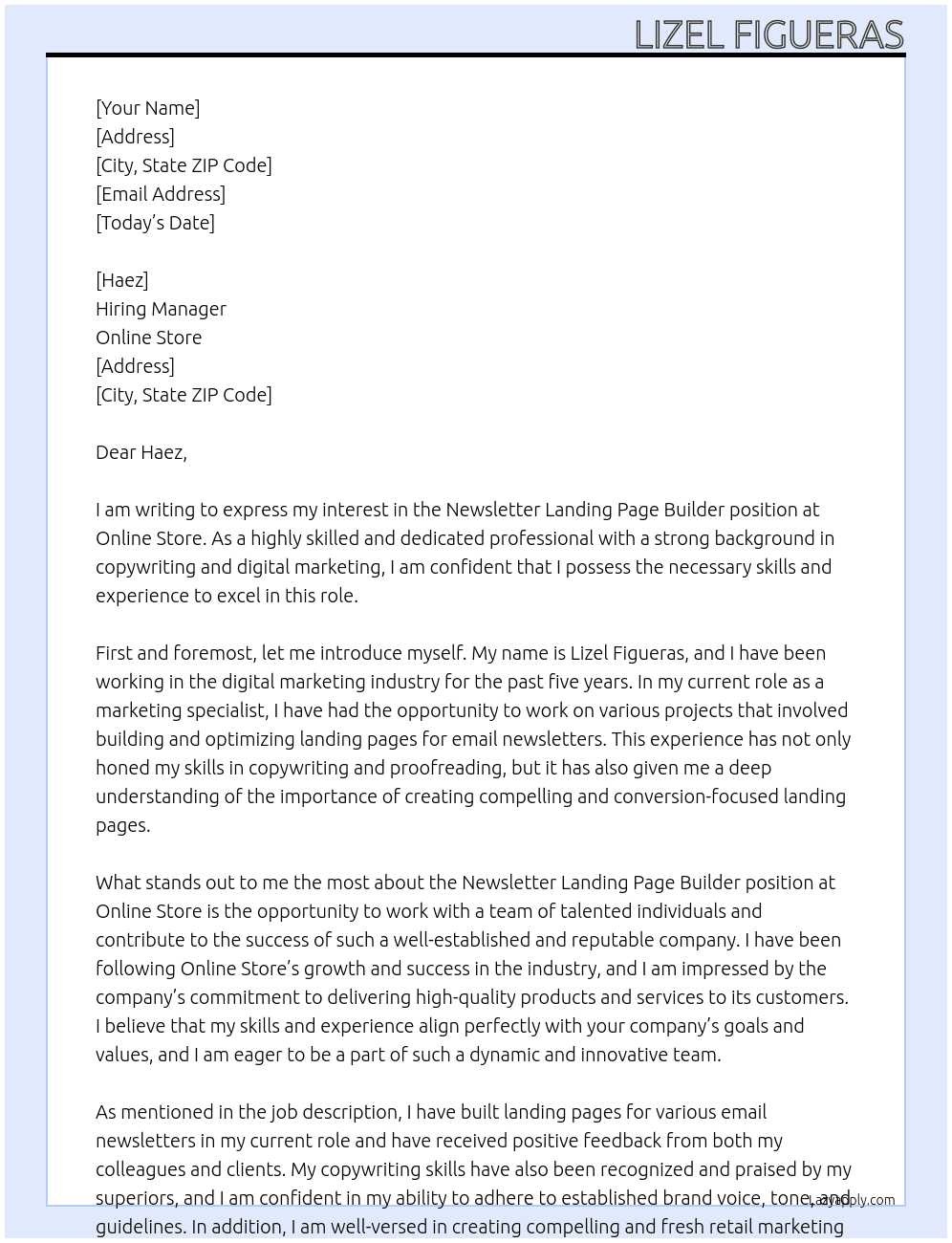 Newsletter Landing Page Builder At Online Store Cover Letter