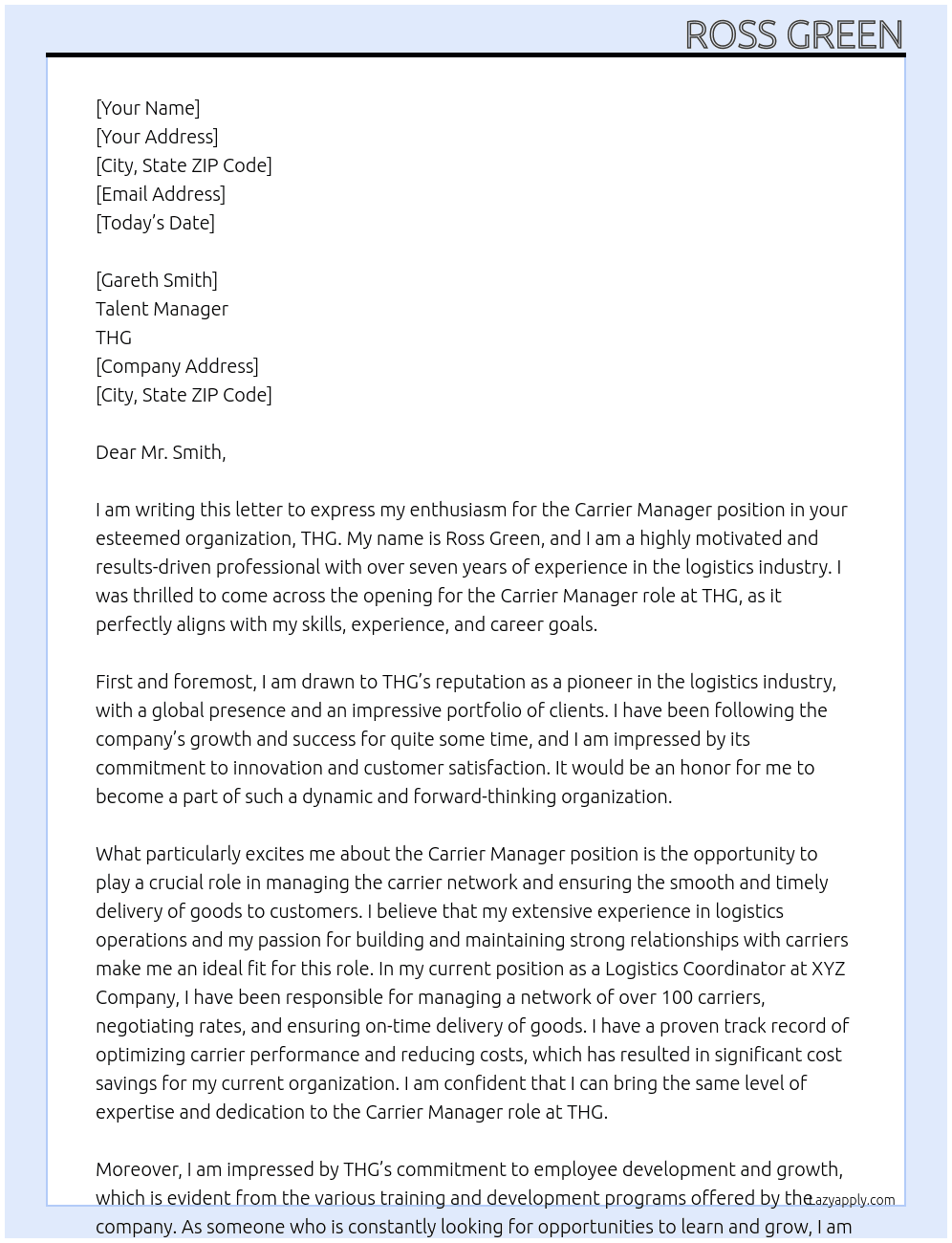 Carrier manager At THG Cover Letter