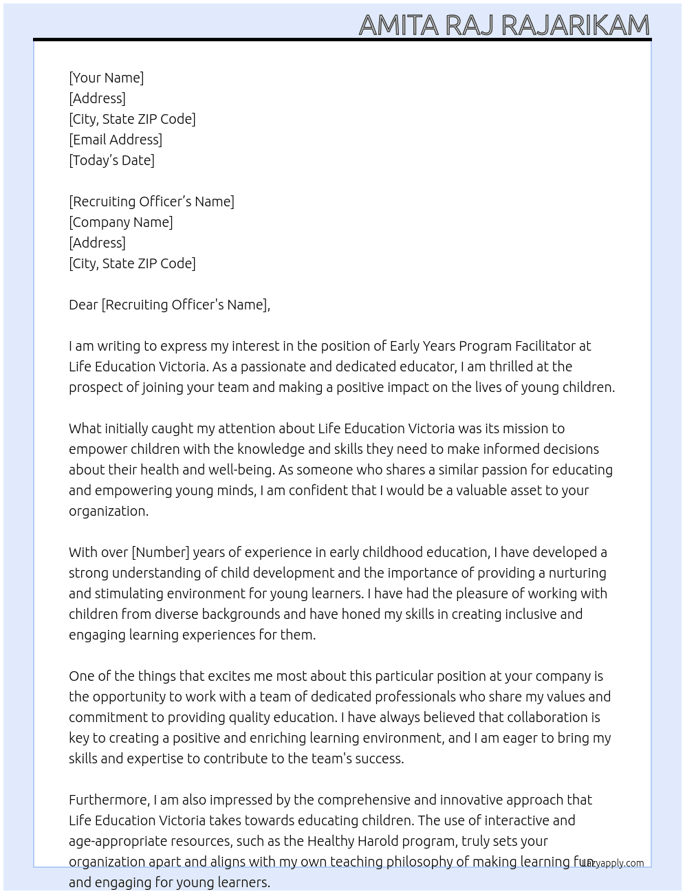 Early Years Program Facilitator At Life education Victoria Cover Letter