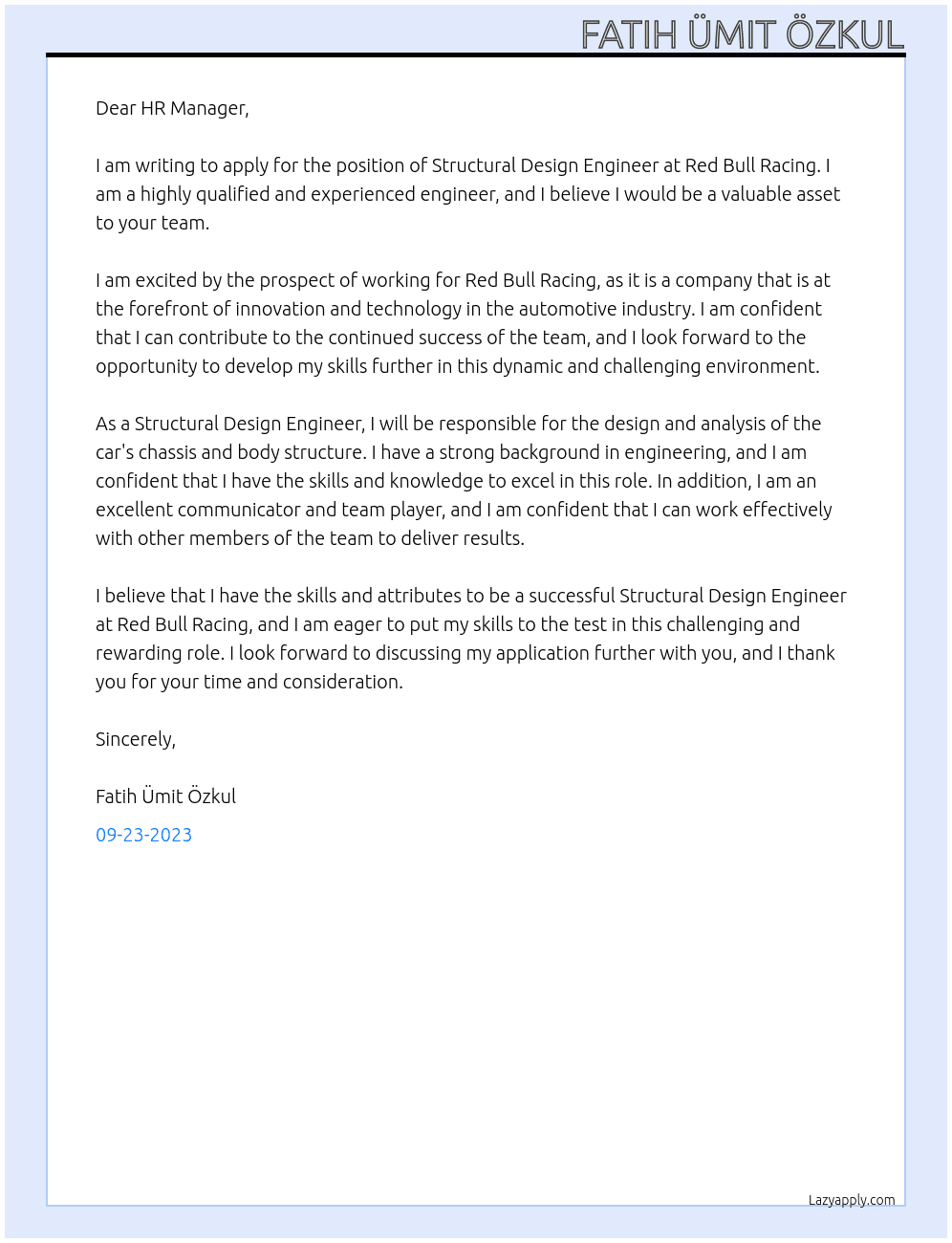 Structural Design Engineer At Red Bull Racing Cover Letter