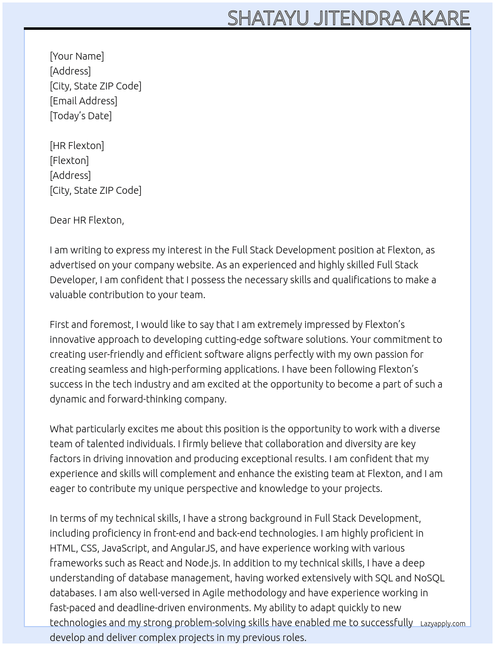 Full Stack Development At Flexton Cover Letter