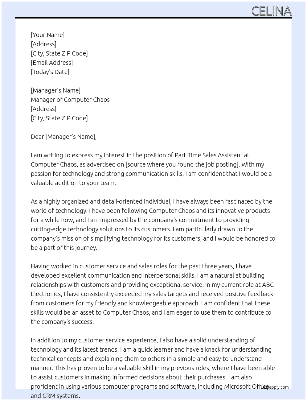 part time sales assistant At Computer Chaos Cover Letter