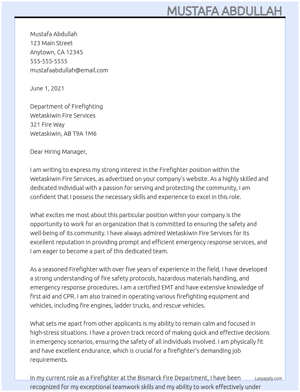Firefighter At Wetaskiwin Fire Services Cover Letter