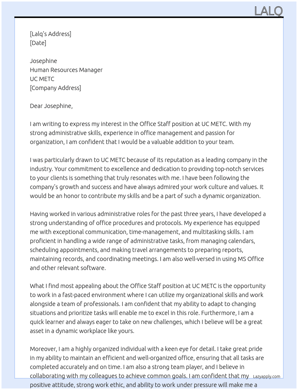 Office Staff At UC METC Cover Letter