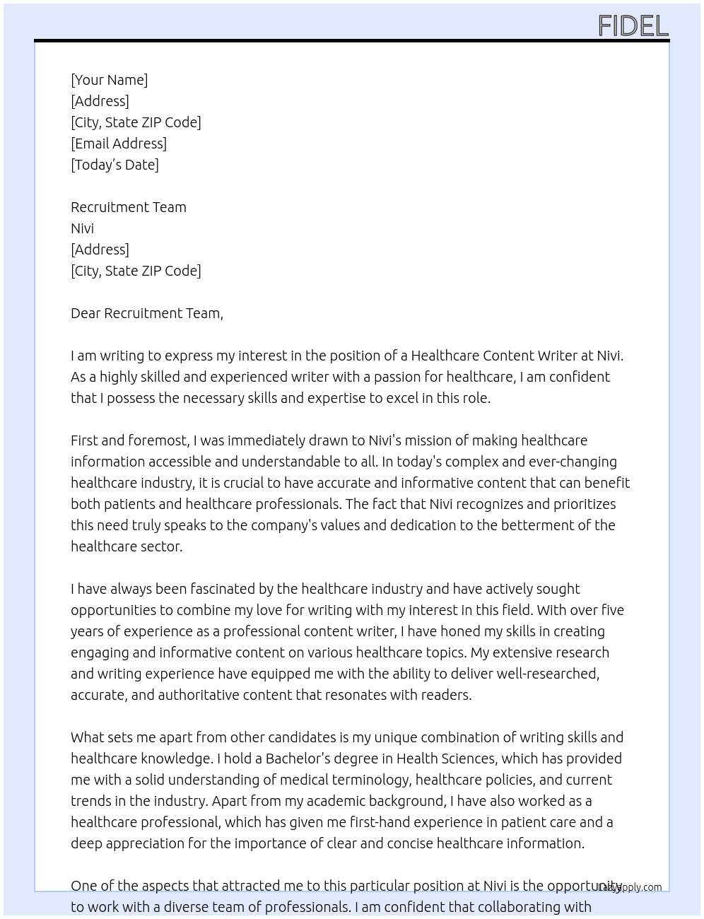 Healthcare content writer At Nivi Cover Letter
