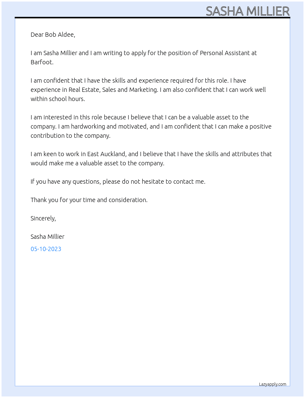 Personal Assistant At Barfoot Cover Letter
