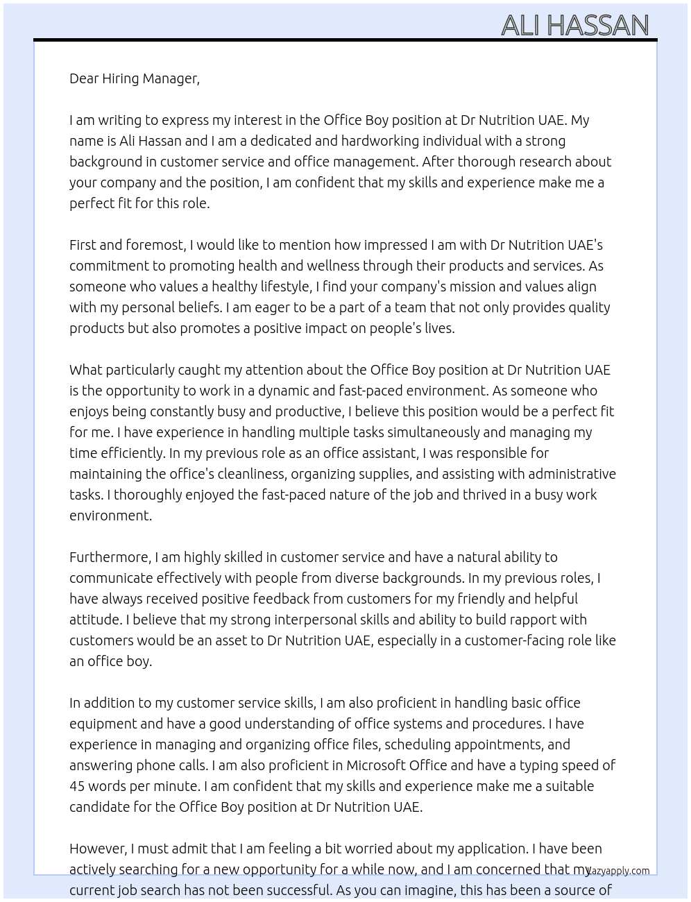 Office Boy At Dr Nutrition UAE Cover Letter