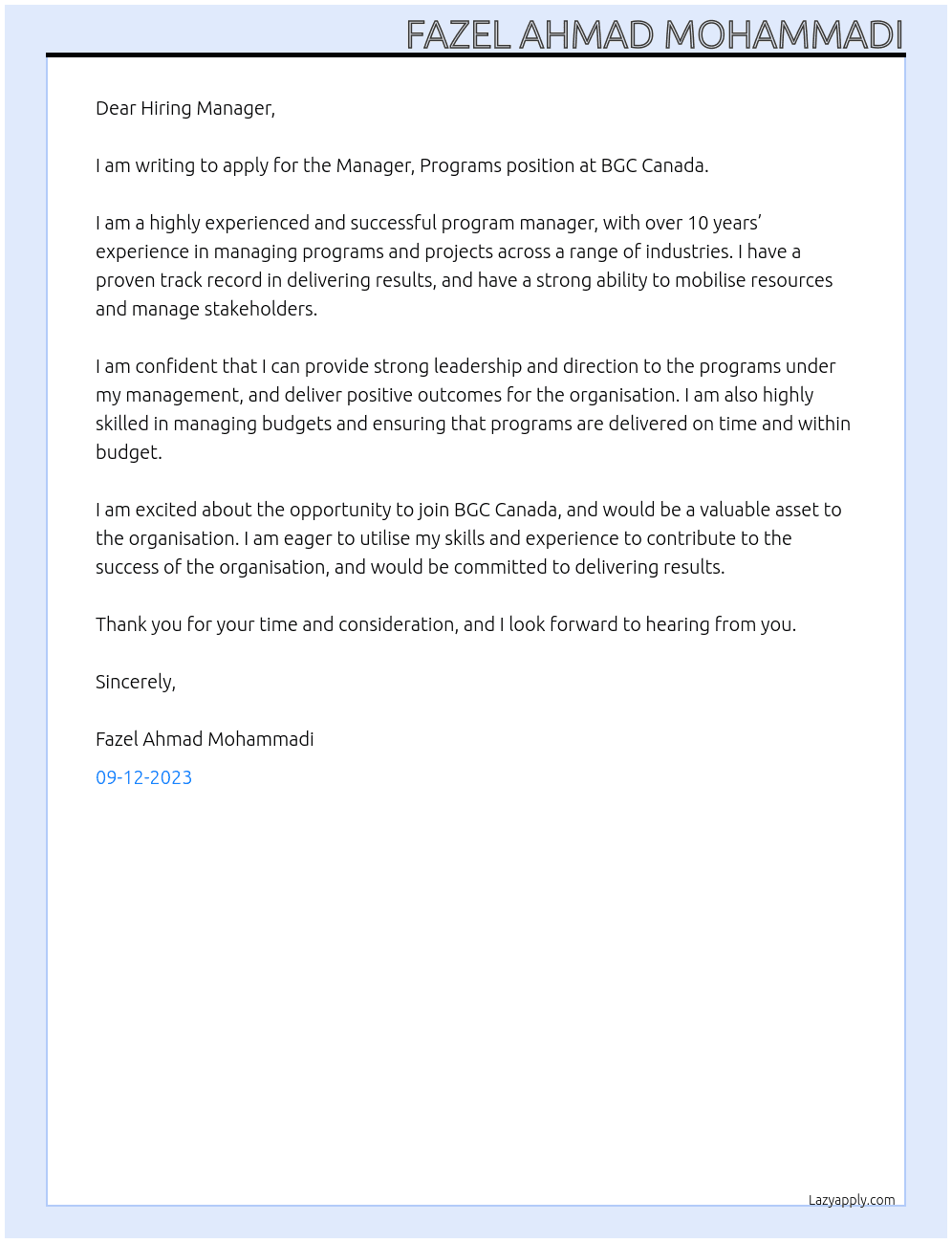 Manager, Programs At BGC Canada Cover Letter