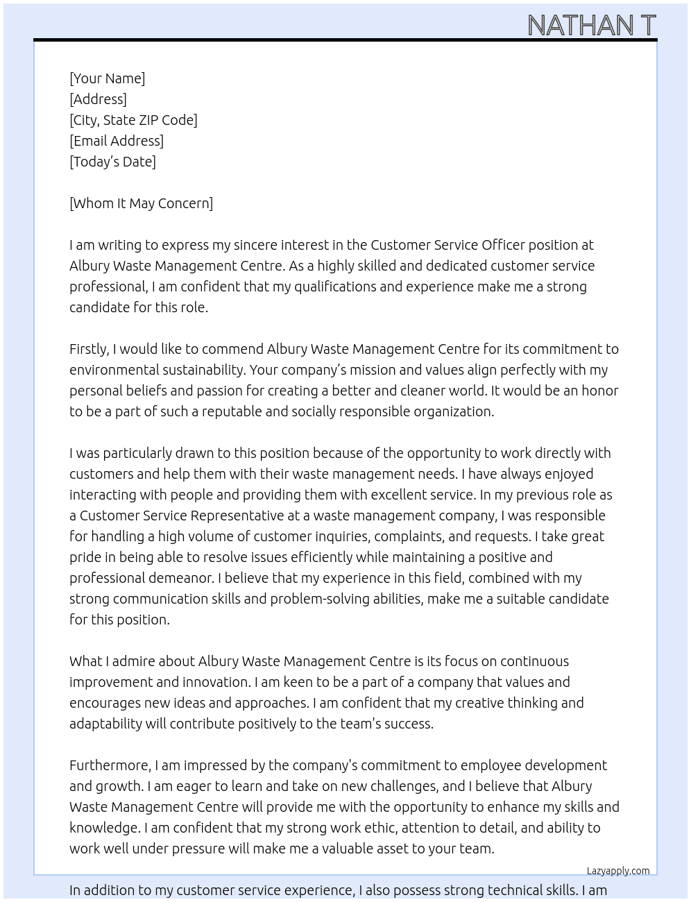 Customer Service Officer At  Albury Waste Management Centre Cover Letter