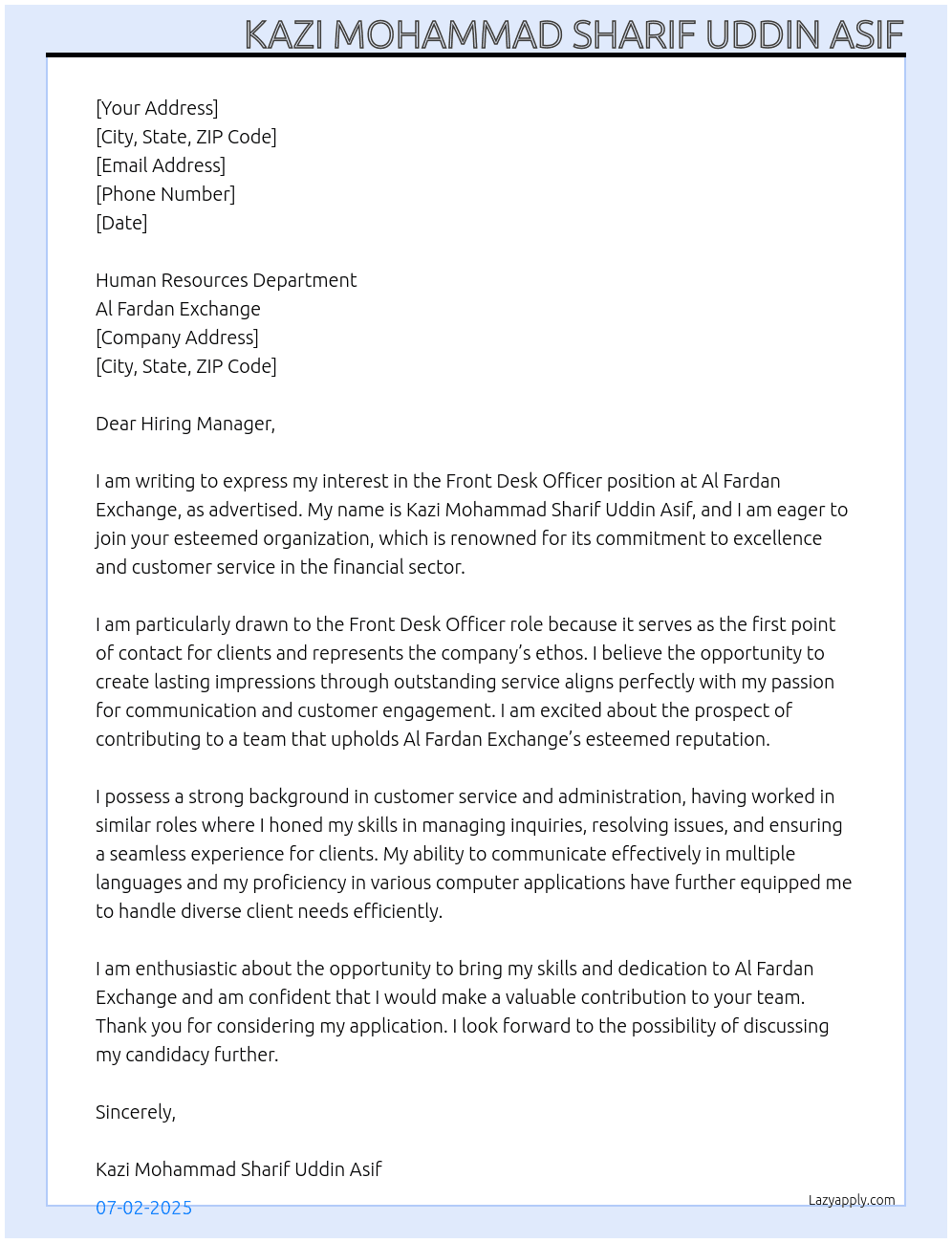 Front desk officer At Al fardan exchange Cover Letter