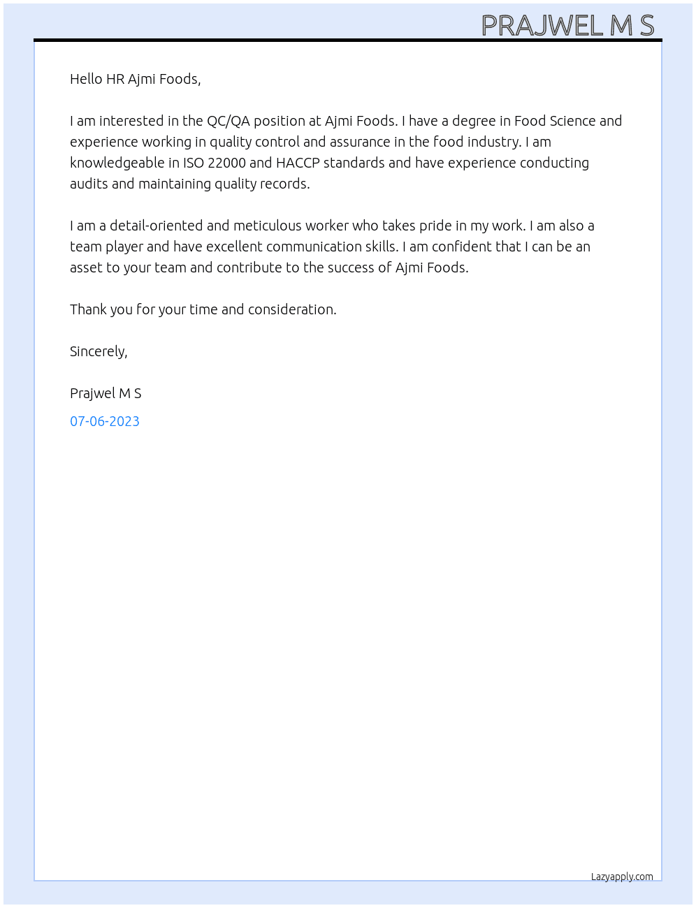 QC/QA At Ajmi Foods  Cover Letter