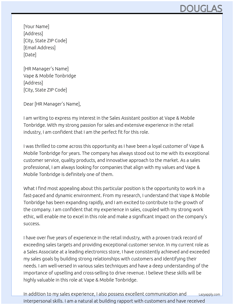 Sales Assistant At Vape & Mobile Tonbridge Cover Letter